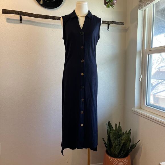 Soft Surroundings Dark Blue Sleeveless Button Detailed Front Midi Dress Size S - Picture 1 of 14